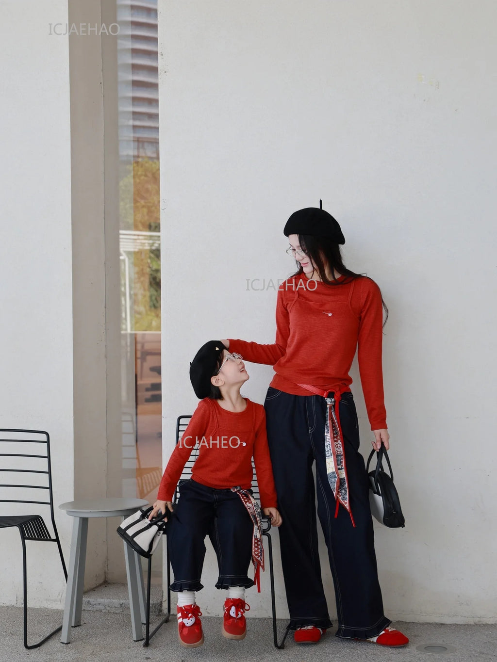 Matching Mother Daughter Children Orange Casual Outfit Straight Leg Jeans with Ribbon Trim Wide Leg Soft Denim Pants and Top Set