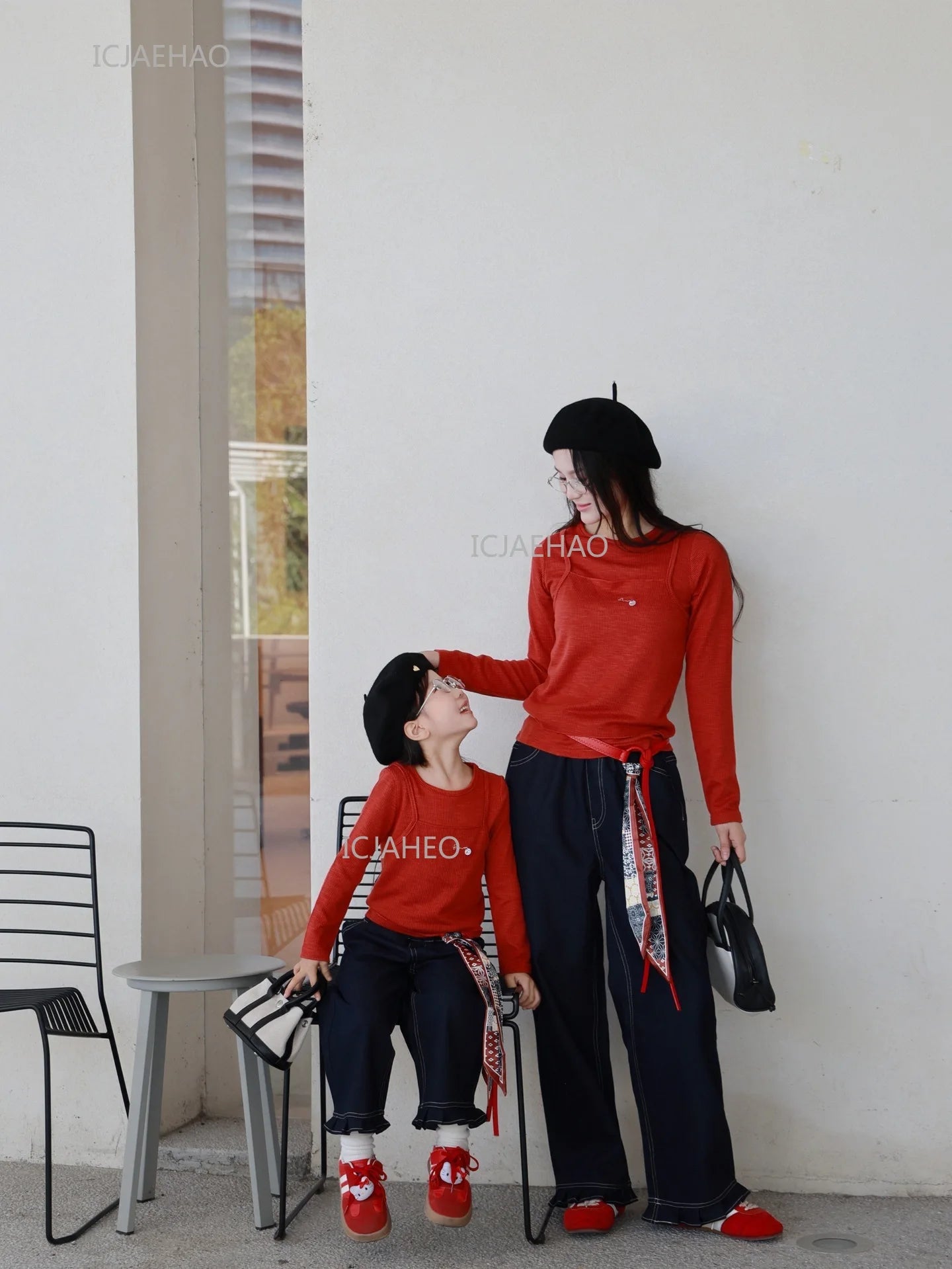 Matching Mother Daughter Children Orange Casual Outfit Straight Leg Jeans with Ribbon Trim Wide Leg Soft Denim Pants and Top Set