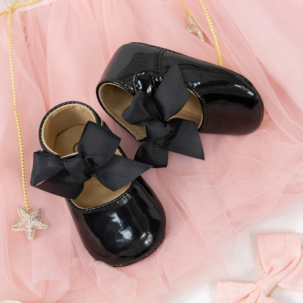 Bailarinas con nudo de lazo para bebé, suela de goma antideslizante, zapatos de PU para primeros pasos, zapatos de vestir para cuna de bebé