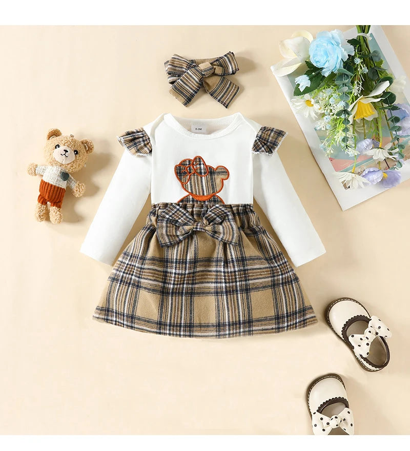 Baby Clothing Set Bodysuits Skirts Hairband 3-Piece Sets for Newborn To 18 Months Cartoon Bear Design for Baby Girls Clothing