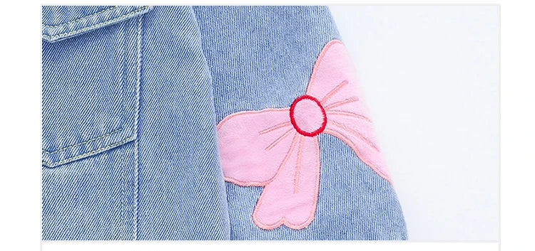 Lovely Style Babi Girls Casual Blue Denim Jacket Coat with Bow Embroidery Kids Child Fashion Spring Autumn Streetwear Outfit