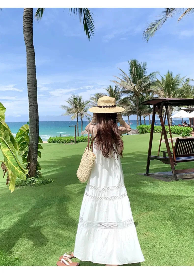 Parent Child Matching Mother and Daughter White Camisole Dresses Summer Hollow-out Embroidery Resort Style Seaside Beach Dresses