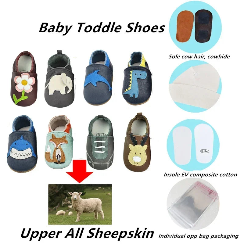 Zapatos de bebé de otoño para niños y niñas, antideslizantes, de piel de oveja suave, zapatillas de deporte con diseño de animales, mocasines para primeros pasos 0-24M