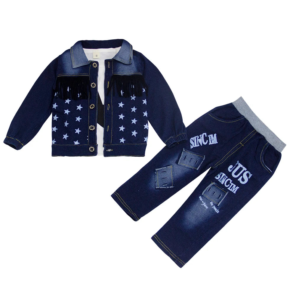 Conjuntos de moda de primavera para niños Ropa para niños 2 piezas conjunto de top y pantalón Abrigo de algodón vaquero + Pantalones vaqueros lisos Conjuntos para bebés niños