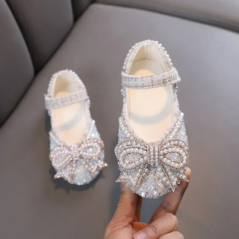 Sandalias para niñas, moda, lentejuelas, diamantes de imitación, lazo, zapatos de princesa para bebé, sandalias planas para niños, tallas 21-36