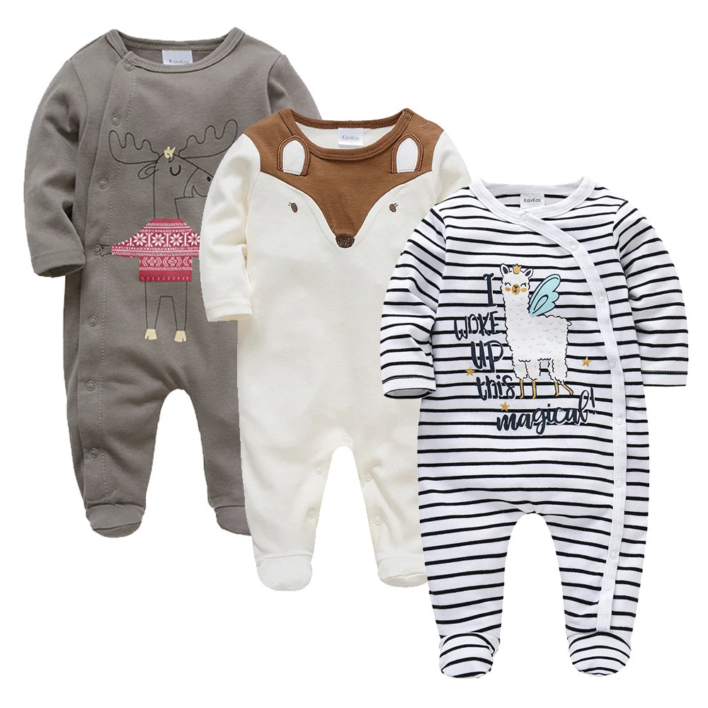 KAVKAS 1/2/3 Pcs Baby Boys Rompers Cartoon Print Overalls Cotton Infant Clothing Kids Jumpsuit Newborn Pajimas 0-3 Months