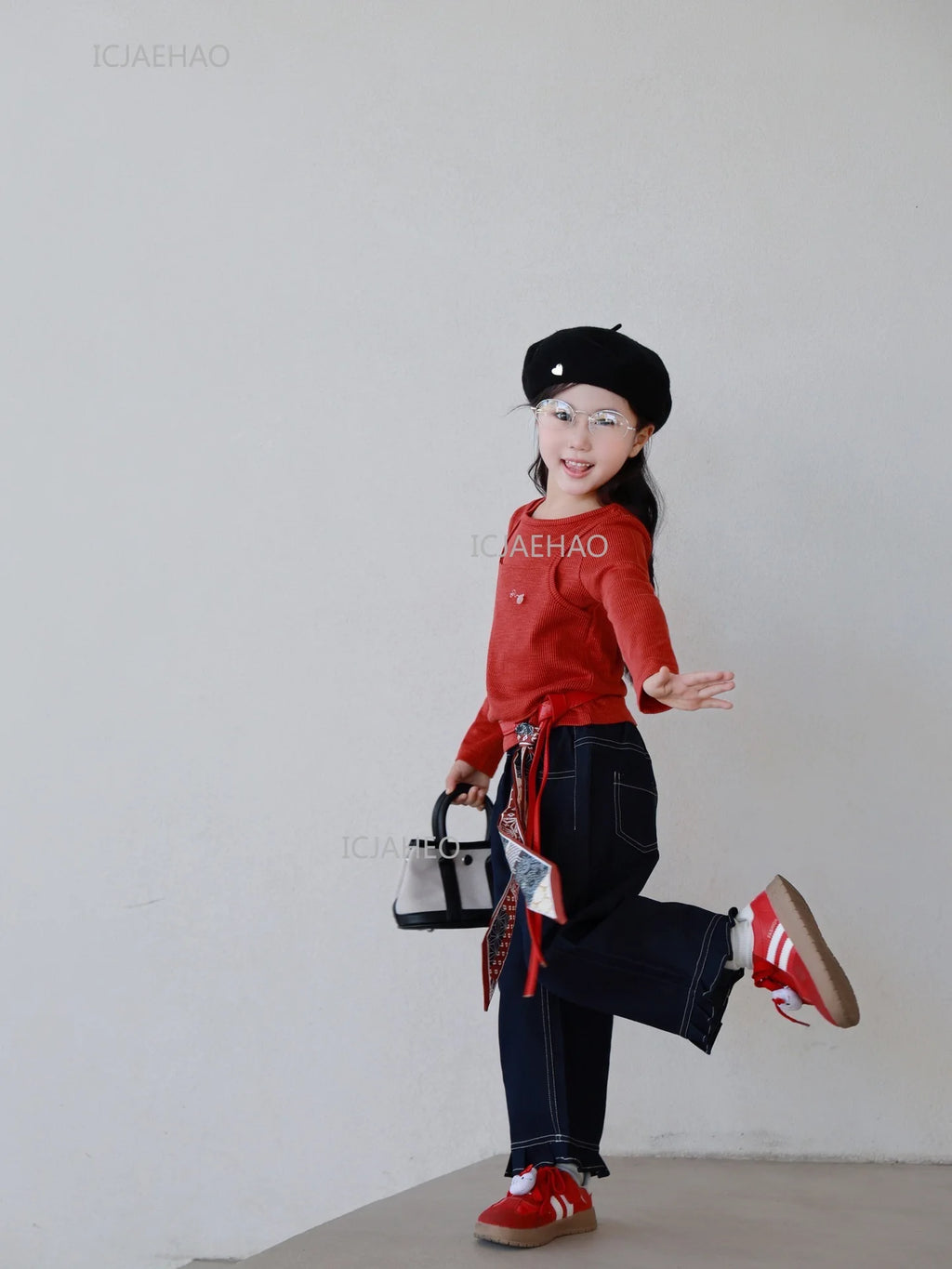 Matching Mother Daughter Children Orange Casual Outfit Straight Leg Jeans with Ribbon Trim Wide Leg Soft Denim Pants and Top Set