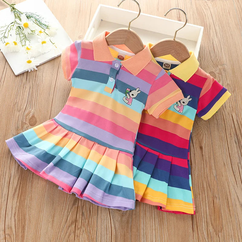 Mädchen Sommer Mode süßes Kurzarm Cartoon Hasen besticktes Regenbogenstreifen Baby Mädchen Prinzessinnenkleid