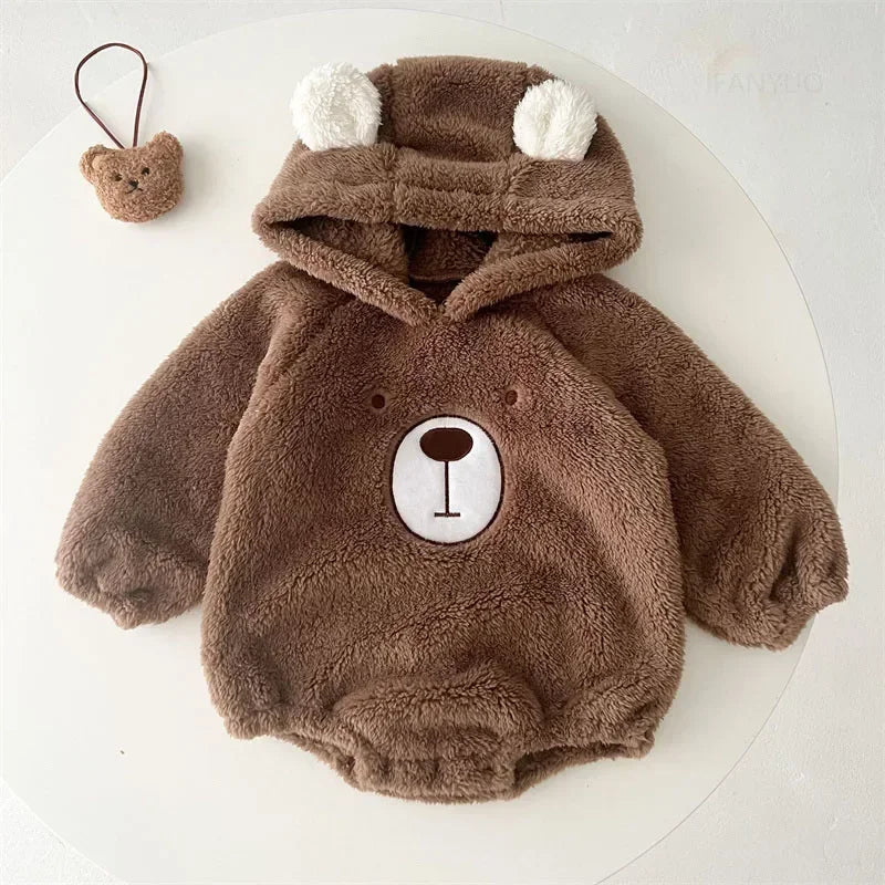 Baby Clothing Autumn Winter Cute Hooded Cartoon Bear Baby Crawling Clothes Pajamas Warm Double-sided Plush Jumpsuit Trousers Set