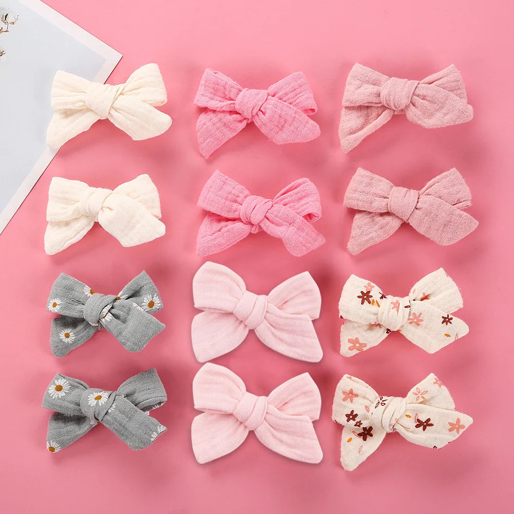 4 Stk./Set Baby Schleifen Haarklammern Musselin Mädchen Haarnadeln Haarspange für Kinder Baumwolle Leinen Haarspange Blumendruck Seitenklammer Accessoires