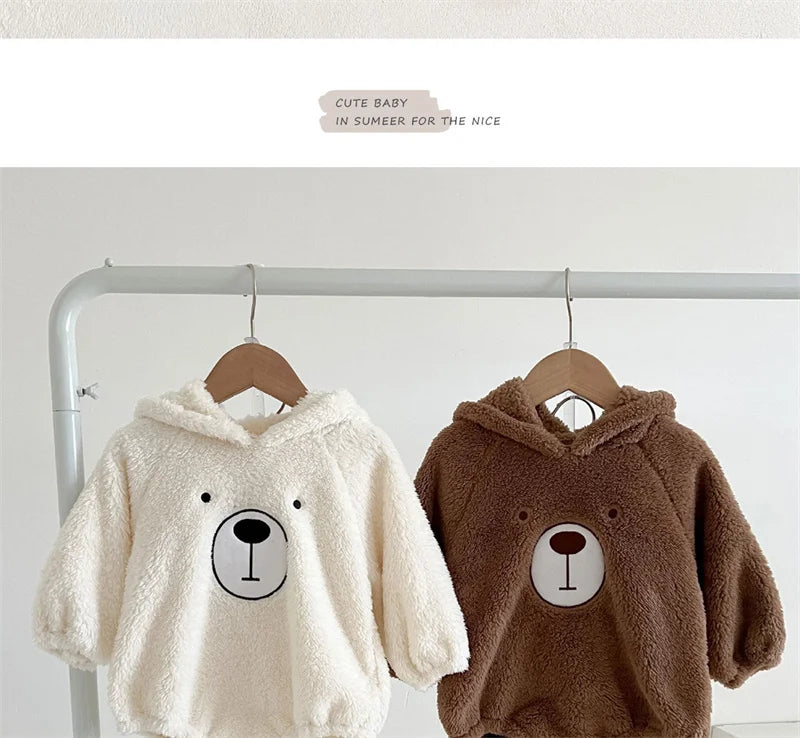 Baby Clothing Autumn Winter Cute Hooded Cartoon Bear Baby Crawling Clothes Pajamas Warm Double-sided Plush Jumpsuit Trousers Set