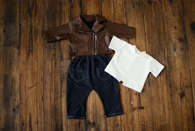 Newborn Photography Clothes for Baby Boy Cool Leather Jacket Clothing Musician Guirar Set Props for Studio Photoshoot Props