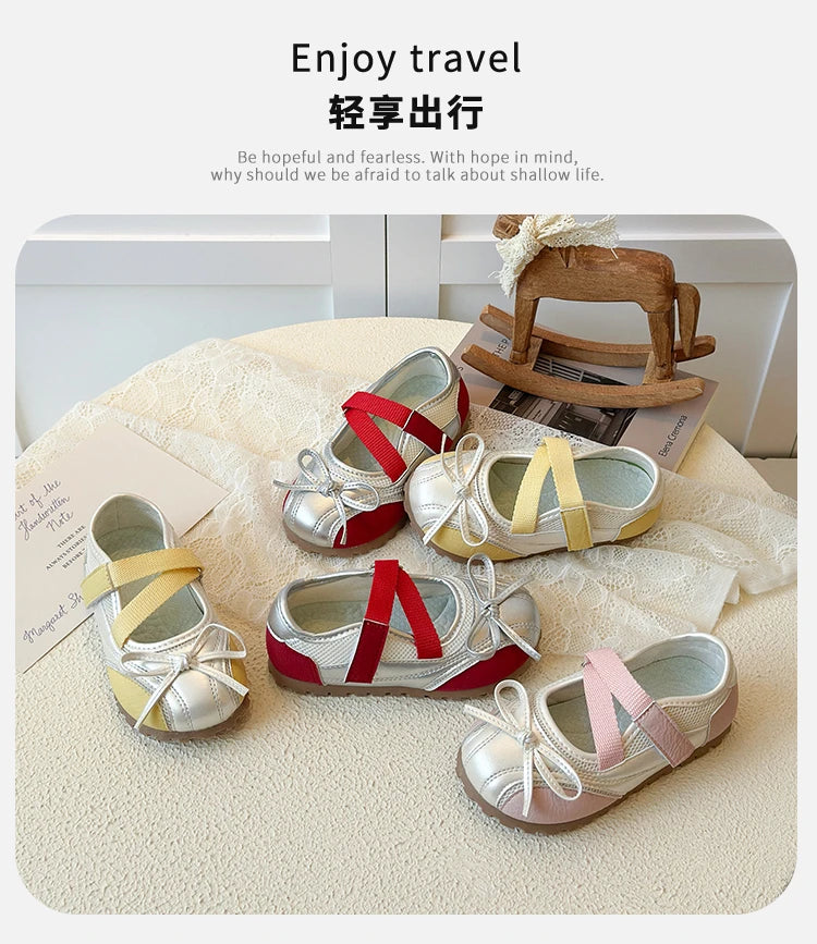 Children's Little Leather Shoes for Girls Elegant Ballet Soft Sole Flexible Bow Anti Slip Toddler Fashion Princess Single Shoes