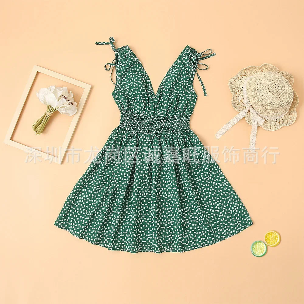 V-Neck Mother Daughter Dresses Family Set Flower Mommy and Me Matching Clothes Fashion Woman Girls Sleeveless Dress Outfits 2025