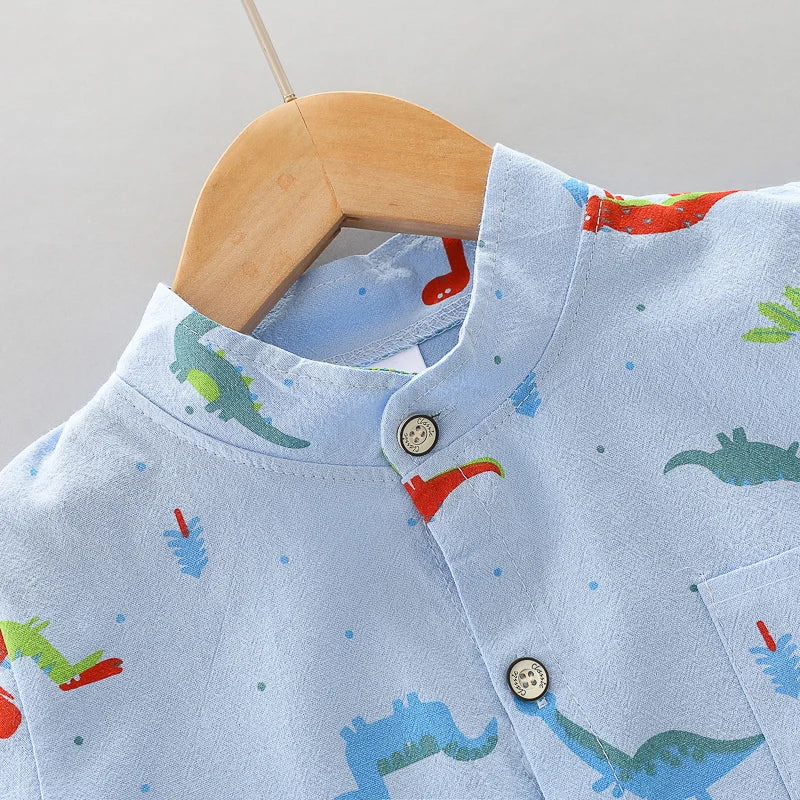 Infants and Toddlers Covered in Printed Cartoon Dinosaur Stand-up Collar Shirt Short Sleeve 2 Piece Set