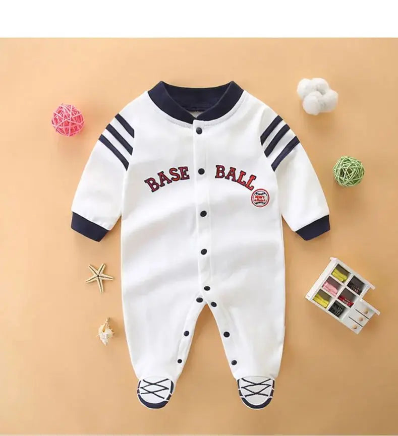 Baby jumpsuit spring & fall pure cotton long-sleeved newborn clothes 0-1 year old baby baseball uniform foot-covering hoodie