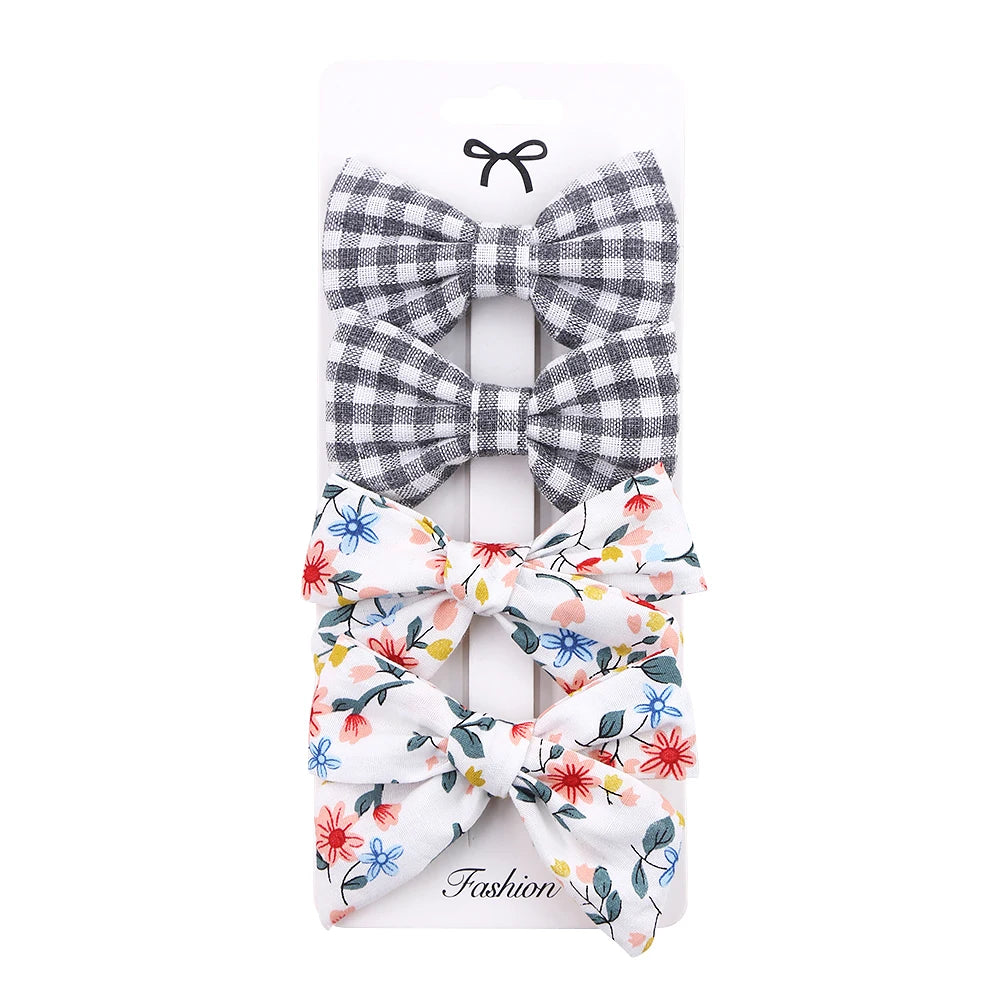 4Pcs/Set Baby Bows Hair Clips Muslin Girls Hairpins Hairclip For Kids Cotton Linen Barrette Flower Print Side Pin  Accessories