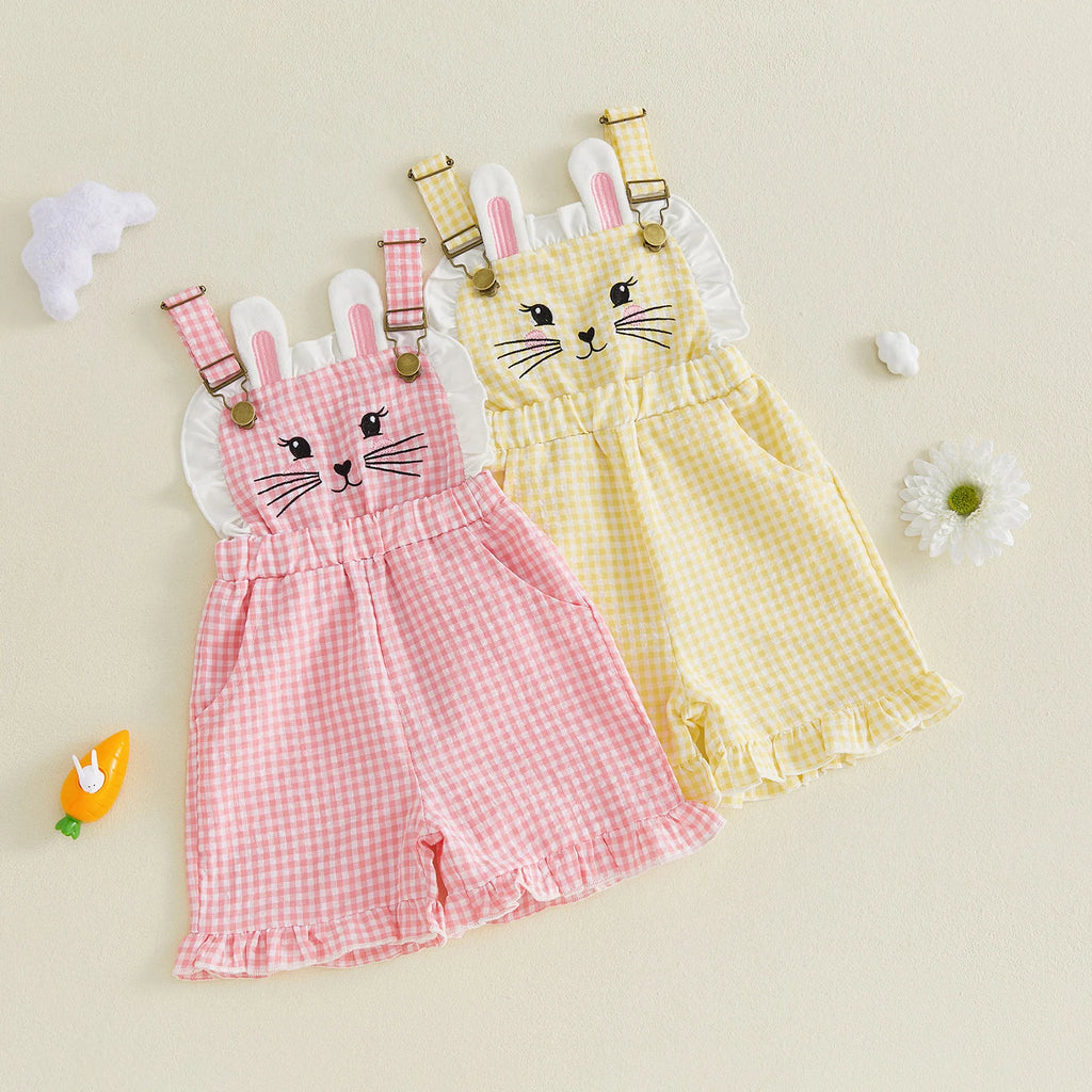 Kinder Mädchen Hasen Overall mit Taschen Niedlicher Hase Rüschenbesatz Ärmelloser Jumpsuit Shorts für Ostern
