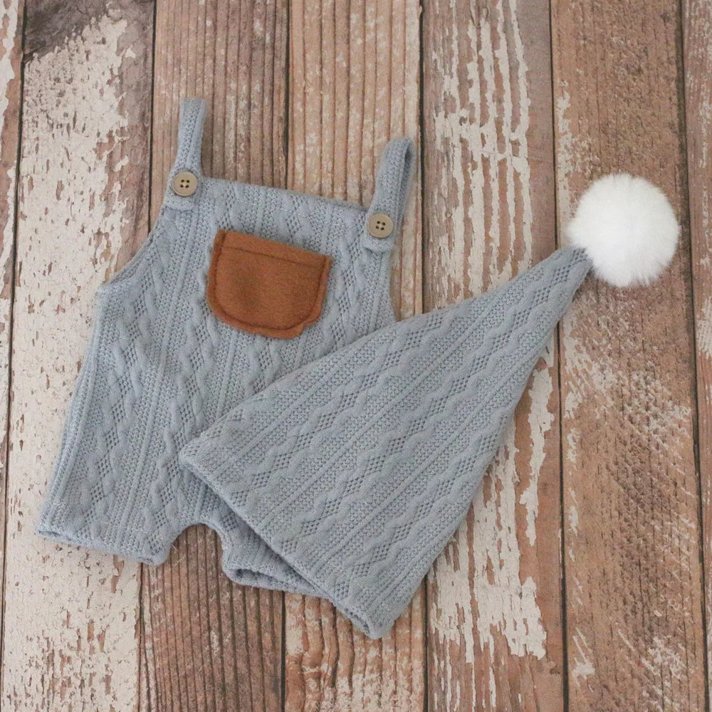 Ropa para fotografía de bebés recién nacidos, conjuntos de punto para sesión de fotos de bebés, pantalones con tirantes y gorro con pompón de piel.