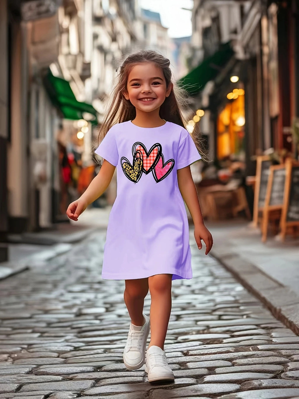 Bonito mono informal de verano para niña con estampado de amor, vestido de mezcla de fibra de poliéster suave, transpirable y elástico.