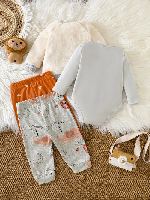 Baby boy clothes 4PCS Baby boy onesies suit Autumn and winter long-sleeved onesie+ top+ 2 pants Suitable for 0-12 months