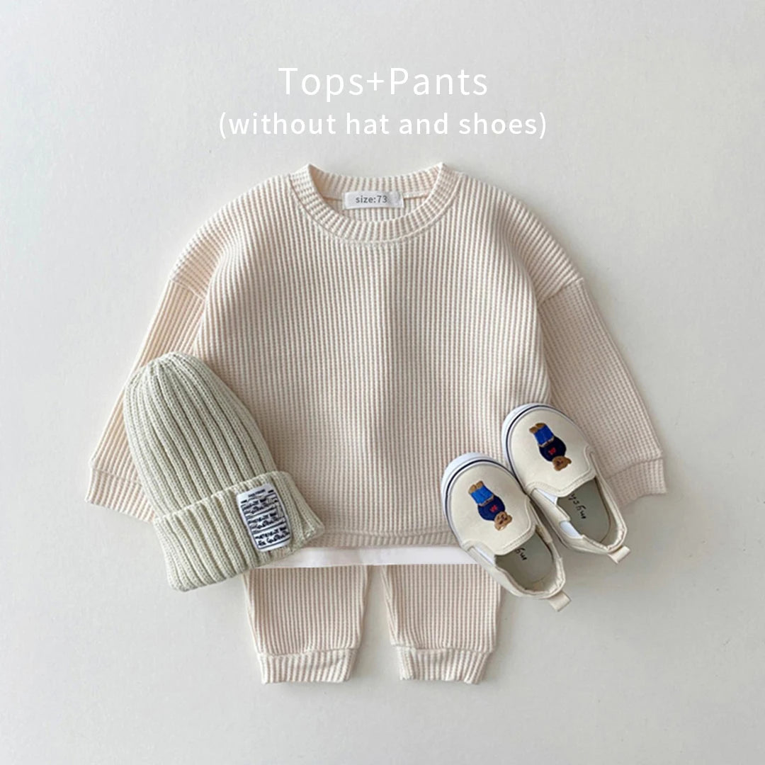 Baby Waffle Material Clothing Suit For Boys and Girls Sweatshirt+Trousers Two-piece Baby Clothing Suit for Spring and Autumn