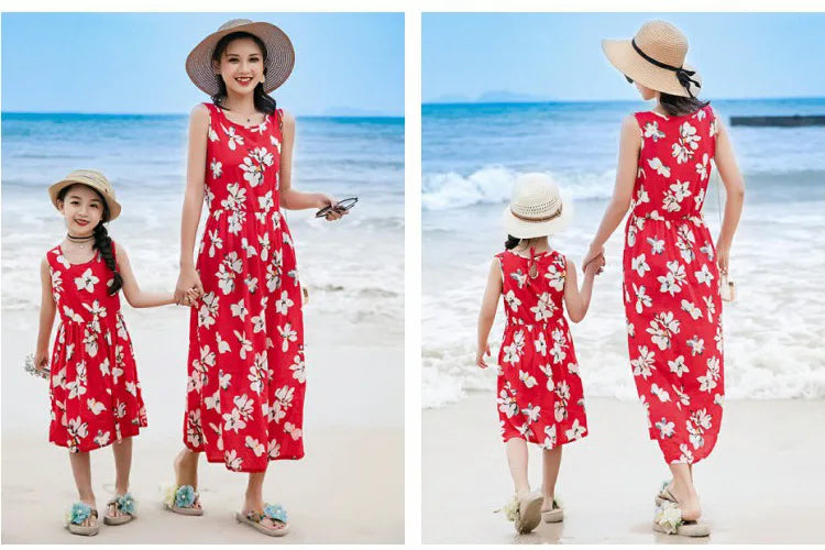 New Mother Daughter Summer Dresses Sleeveless Floral Flower Print Sundress Mom Mommy and Me Beach Dress Family Matching Outfits