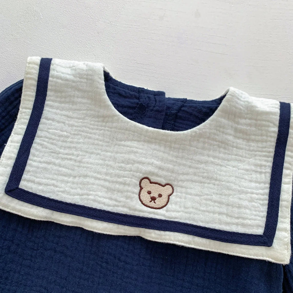 Neu im Herbst Kinder Baby Mädchen Langarm Marineführer Bären Oberteil T-Shirts + einfarbige Shorts Kleinkind Baby Baumwoll-Kleidungsset 2tlg.