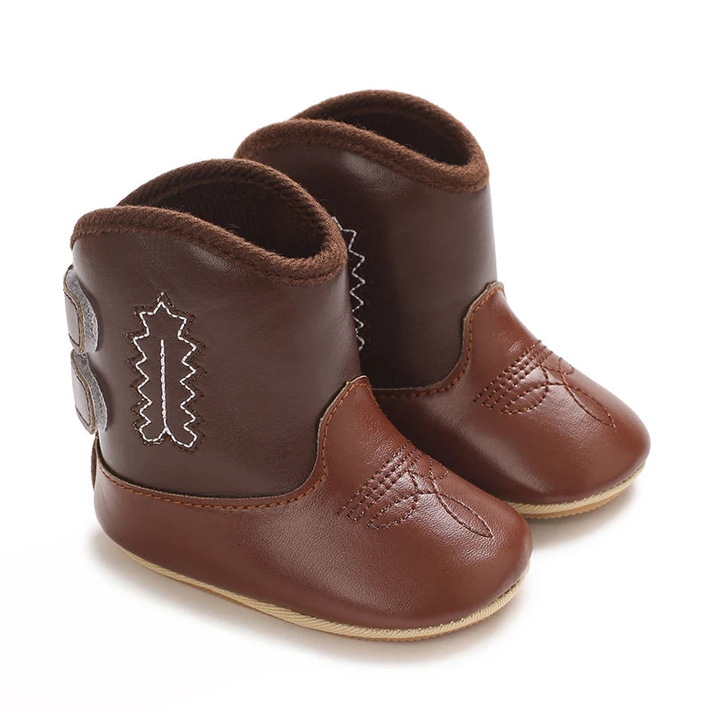 Leather Western Boots Cowboy Bootie Soft Sole Non-Slip Crib Shoes for Baby Infant Toddler Girls Boys Newborn