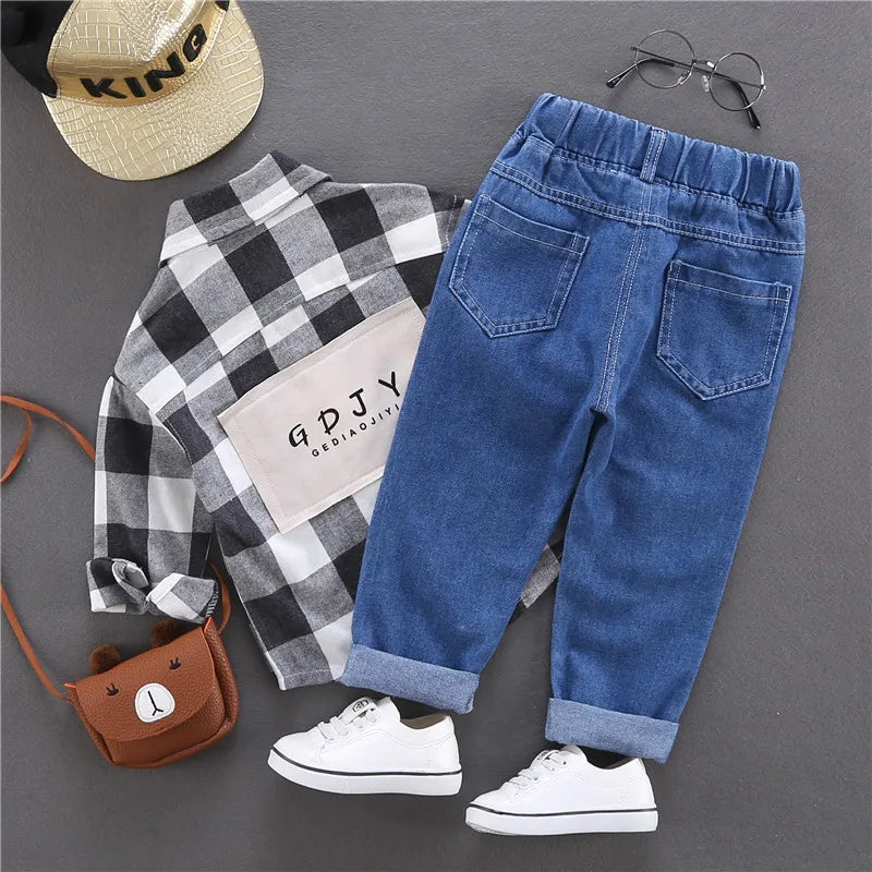 Jeans de niños de primavera otoño, pantalones vaqueros elásticos de algodón con estampado empalmado, pantalones de mezclilla coreanos para adolescentes, ropa infantil