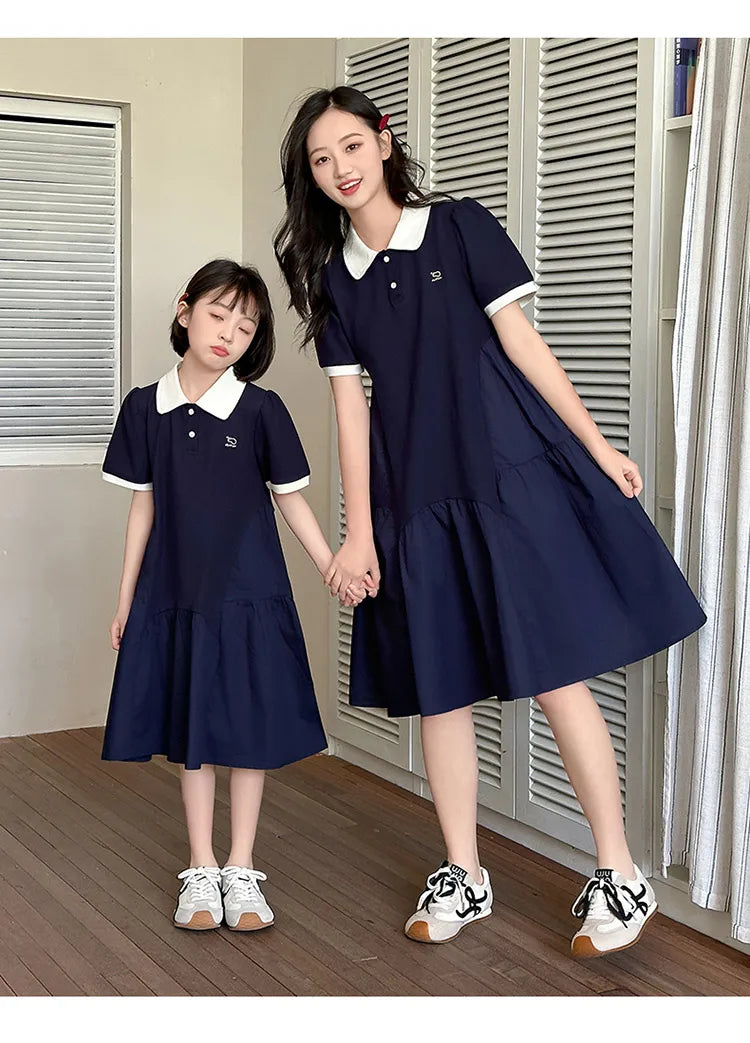 Summer Family Matching Polo Dress for Mother and Daughter Look Casual Clothes Mom and Me Matching Outfits Women Girl Dresses