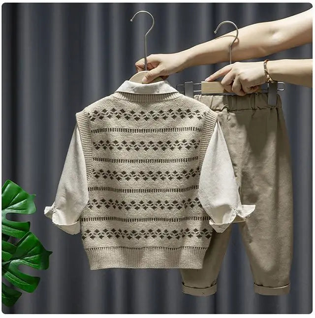 Baby Boy Clothing Suit 2024 Spring Autumn Knitted Sleeveless Sweater Vest + Shirts + Pants Boys Outfit Kids Set
