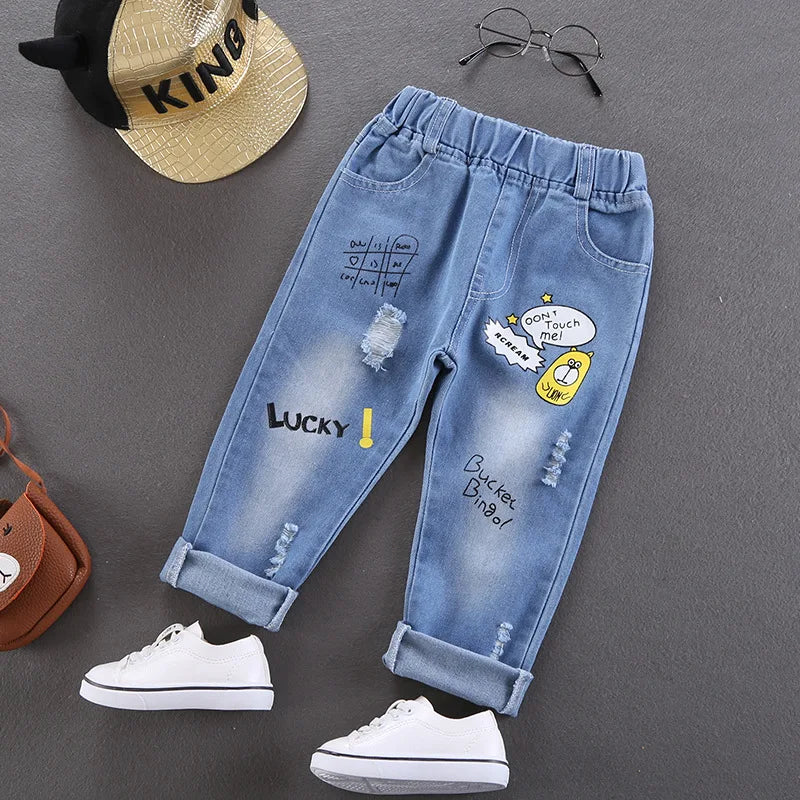 Spring Autumn Children Jeans Boys Cotton Print Splice Stretch Denim Pants Korean Teenage Trousers Wear Kids ClothingDenimRipped