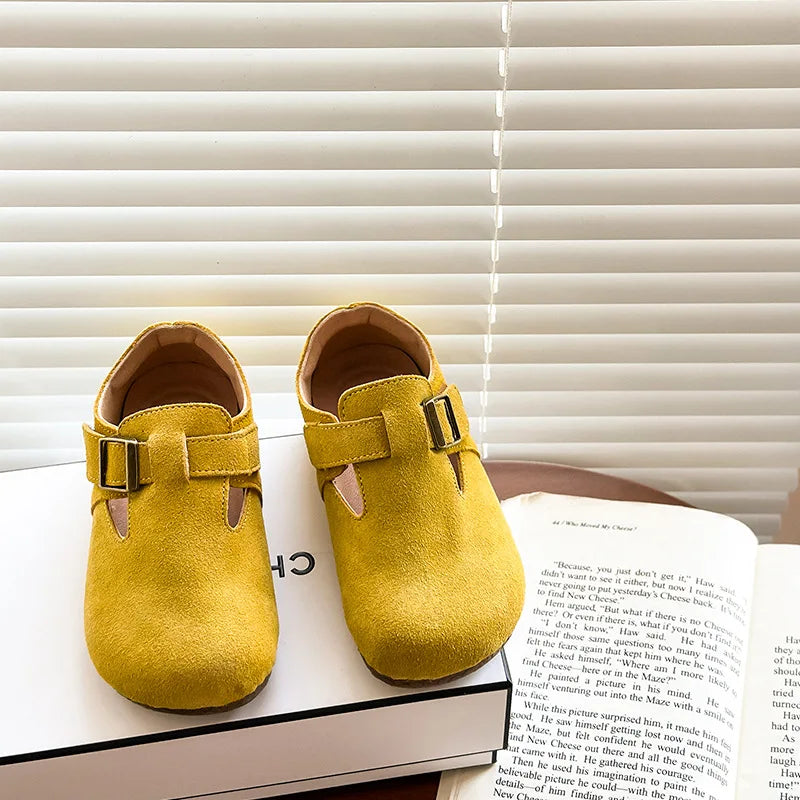Baby Single Leather Shoes Boys Girls Candy Color Spring Flats Children Metal Buckle Design Genuine Leather Flats For School