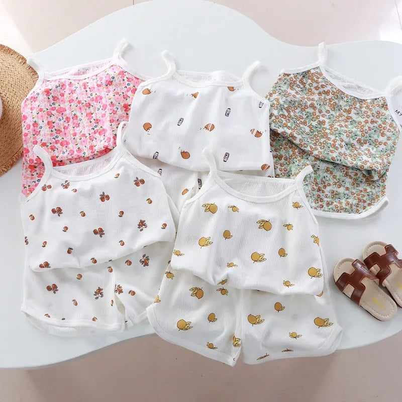 Conjuntos de ropa de verano para niñas, nuevo top sin mangas para bebés, pantalones cortos, traje de 2 piezas, conjunto de ropa con cuello cuadrado para niñas, ropa de algodón para niños