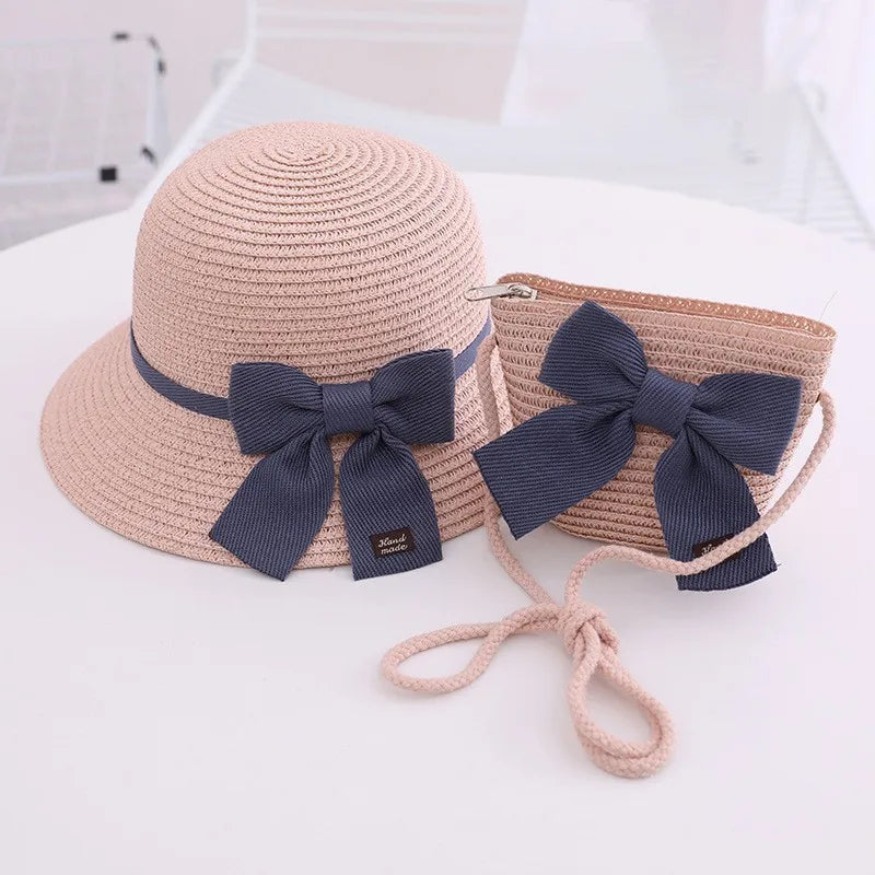Summer Girls Beach Sun Hats Lotus Leaf Brim Cute Squinting Eyes Bowknot Outdoor Sun Protection Children Straw Cap Kids