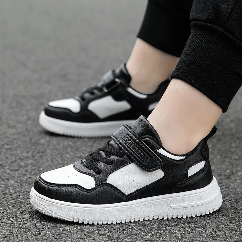 Boys Shoes Sneakers Leather Children Comfortable Flat Shoes Black White Shoes for Kids Girls School Walking Footwear Non Slip