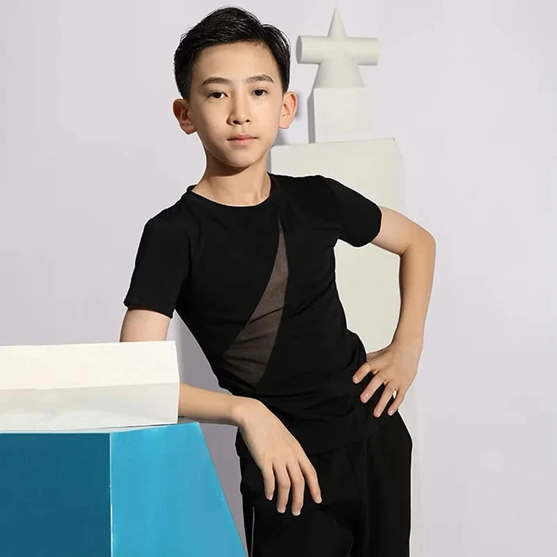 Boys Latin Dance Costume Short Sleeve Top Kids Latin Dancing Shirts Competition Performance Wear Samba Salsa Practice Clothing