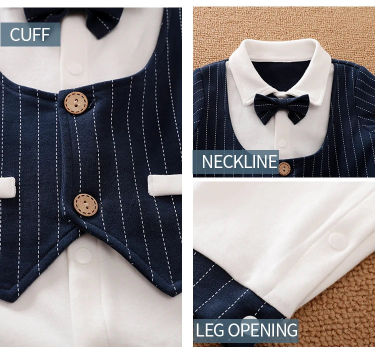 Ropa de bebé recién nacido primavera y otoño 0-18m, estilo caballero, vestido formal elegante, fiesta, algodón, cómodo, mono de bebé de manga larga