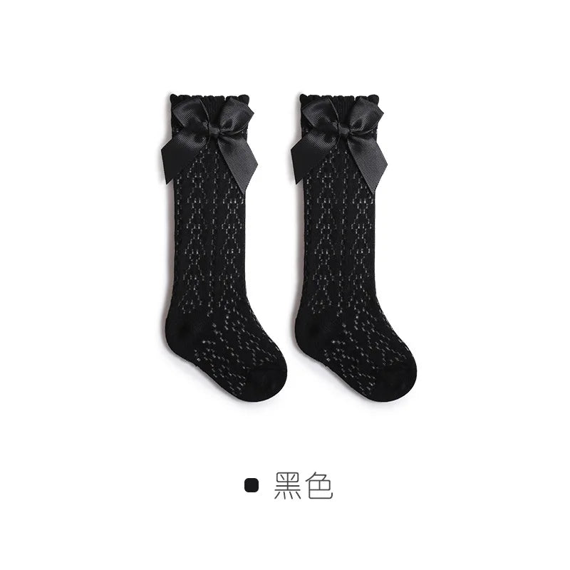 Baby Knee High Socks Kids Girls Boys Bow Long Sock Soft Cotton Mesh Breathable Children Hollow Out Socken for 0-3 Years Old
