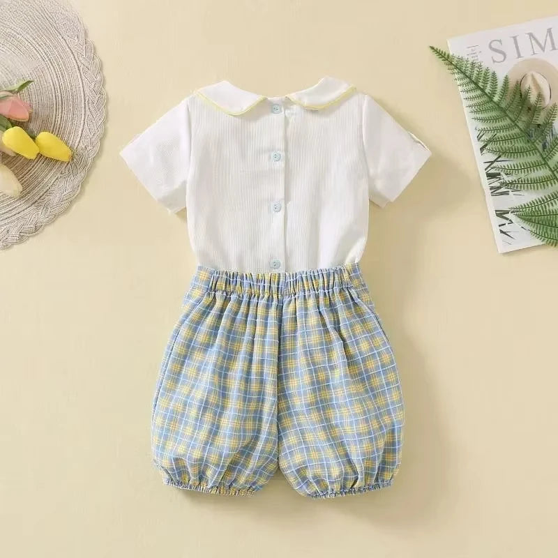Spanish Toddlers Clothing Baby Boys Clothes Boutique Sets Outfit White Shirt Short 2pcs Plaid Pants Children Costume Kids Casual