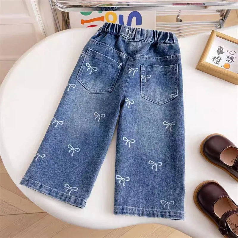 Girls Spring Autumn Jeans New Children Fashion Print Bow Loose Pants Kids Trends Wide Leg Trousers  Baby Casual Baggy Clothing