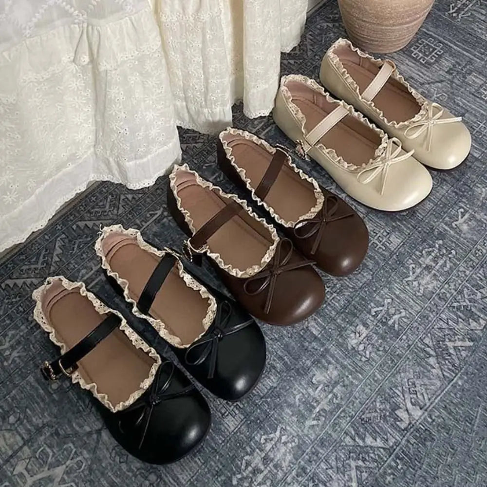 Fashion PU Leather JK Flat Shoes Lace Ruffled Sweet Casual Ballet Flats Soft Sole Bow Slip On Loafers Girls