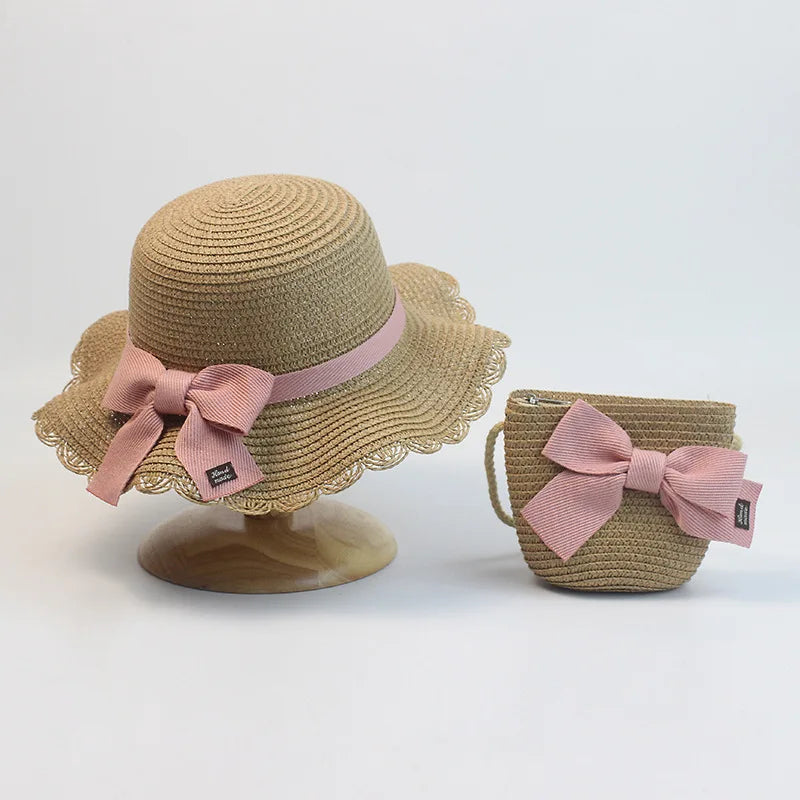 Summer Girls Beach Sun Hats Lotus Leaf Brim Cute Squinting Eyes Bowknot Outdoor Sun Protection Children Straw Cap Kids