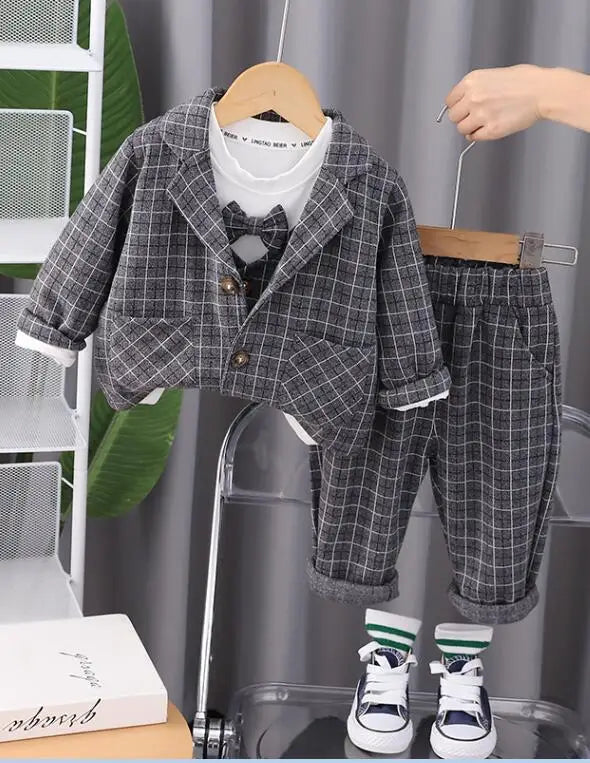 Children Clothing Spring Autumn Baby Boys Wear Infant Lapel Plaid T-Shirt Pants 3pcs/sets Toddler Casual Suit 0-5 Years
