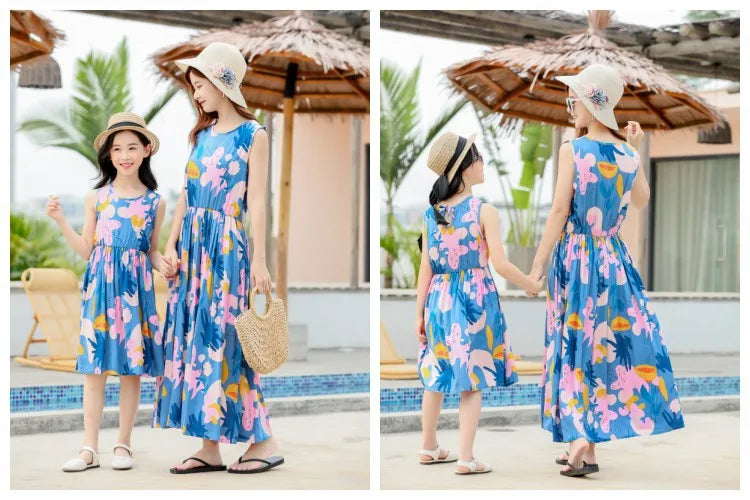 New Mother Daughter Summer Dresses Sleeveless Floral Flower Print Sundress Mom Mommy and Me Beach Dress Family Matching Outfits