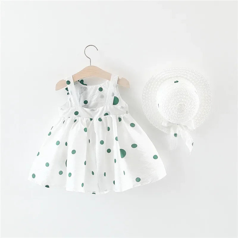 Big Bow Baby Dress Lovely Summer Infant Baby Girl Clothes Cute Dot Sleeveless Cotton Toddler Dresses+Sunhat Newborn Clothing Set