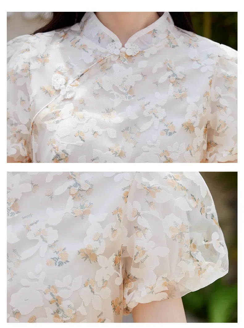 Mother Daughter Matching Dresses Vintage CheongsamGirl Daily Wear Retro Floral Dress Princess Gown Summer Outfit Mommy and