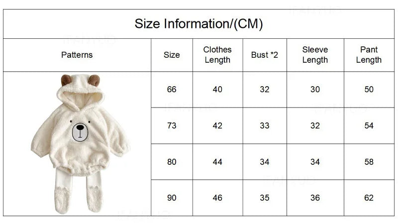 Baby Clothing Autumn Winter Cute Hooded Cartoon Bear Baby Crawling Clothes Pajamas Warm Double-sided Plush Jumpsuit Trousers Set