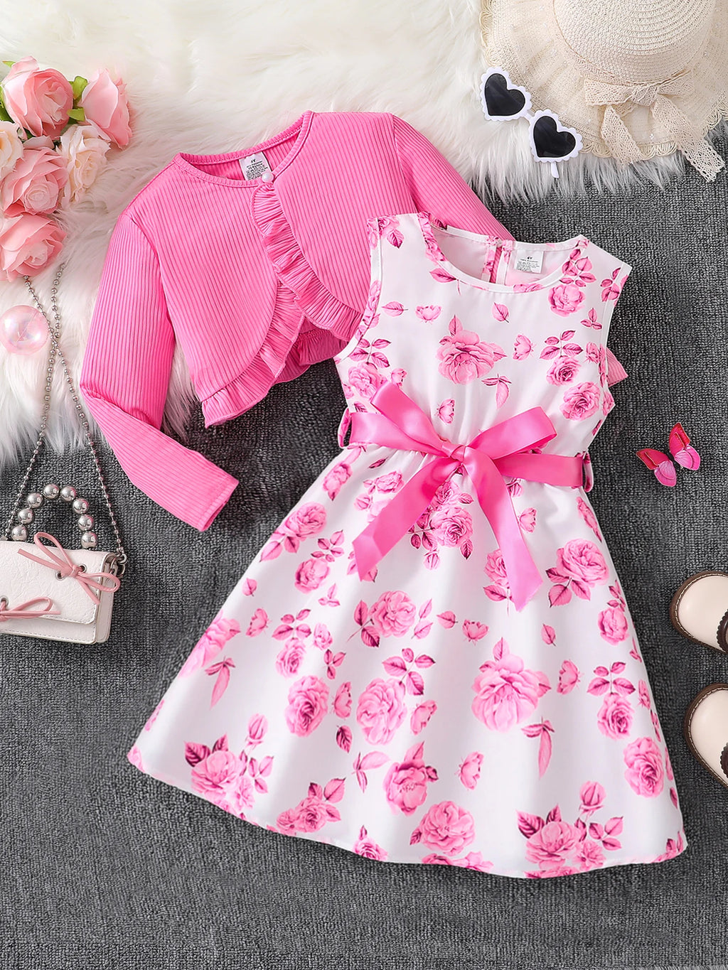 Kinderkleidung Mädchen Herbstmode Freizeit Rosa Blumiges Kleid Set 2-teilig - Rosa Rundhals-Weste + Rosa Blumenrock